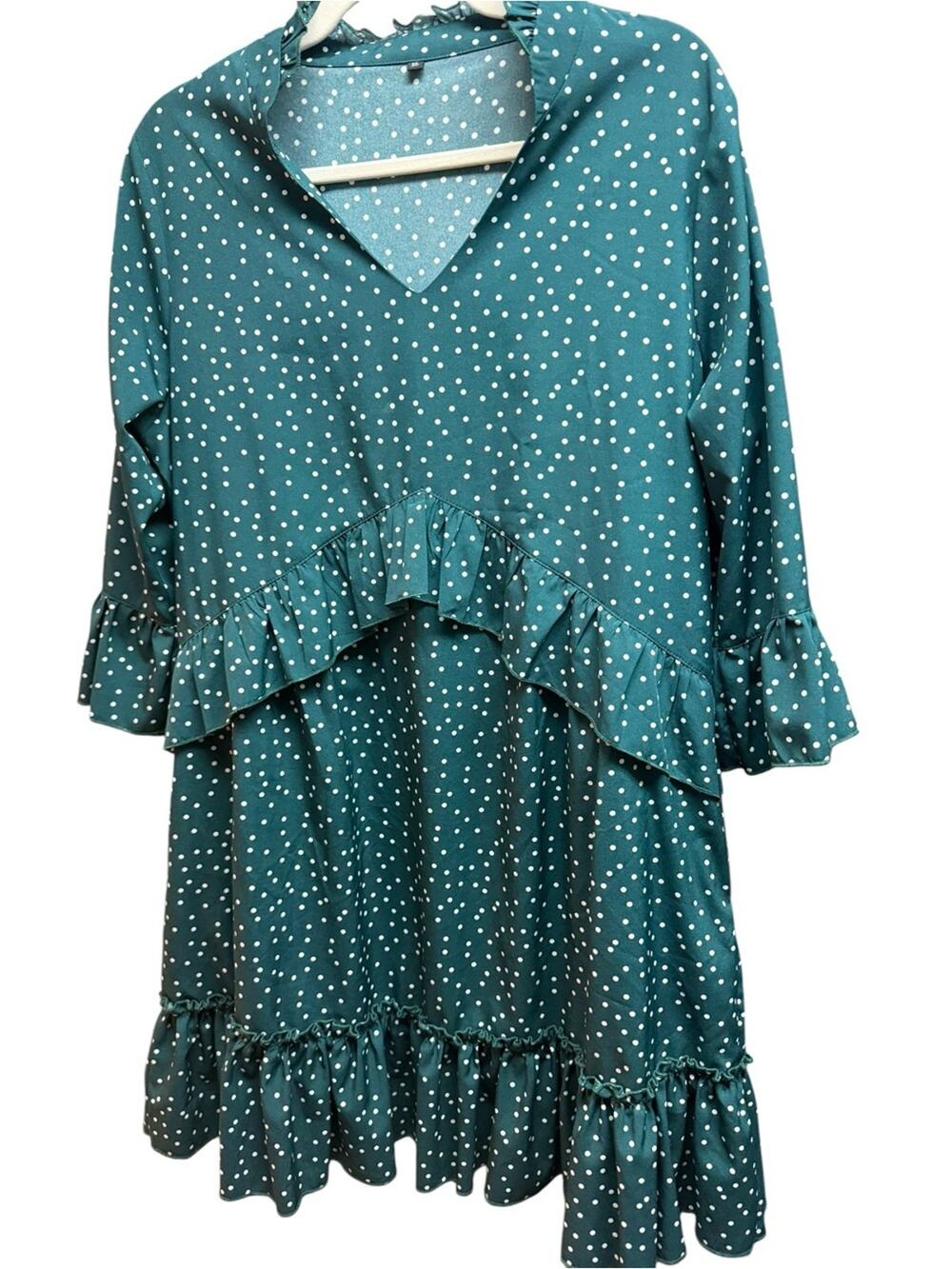 Cottagecore Boho Green White Polka Dot Ruffled Tiered Dress Size XL Retro